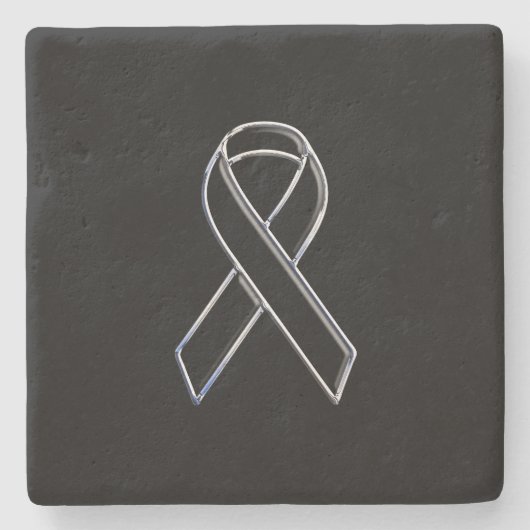 Chrome Style Black Ribbon Awareness on Black Stenen Onderzetter (Voorkant)