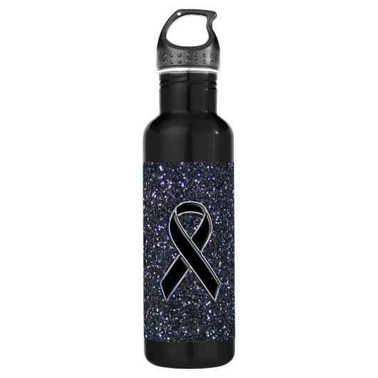 Chrome Style Black Ribbon Awareness Print Waterfles (Voorkant)
