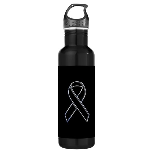 Chrome Style Black Ribbon Awareness Waterfles (Voorkant)
