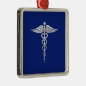 Chrome Style Caduceus Medical Symbool op Navy Blue Metalen Ornament (Rechts)