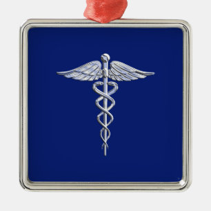 Chrome Style Caduceus Medical Symbool op Navy Blue Metalen Ornament