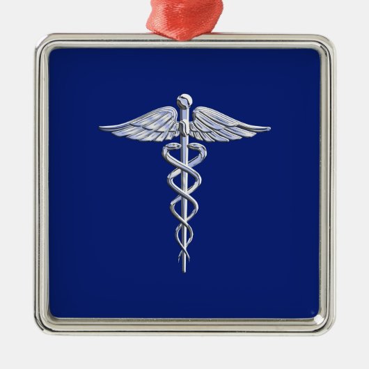 Chrome Style Caduceus Medical Symbool op Navy Blue Metalen Ornament (Voorkant)
