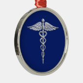 Chrome Style Caduceus Medical Symbool op Navy Blue Metalen Ornament (Rechts)