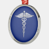 Chrome Style Caduceus Medical Symbool op Navy Blue Metalen Ornament (Links)