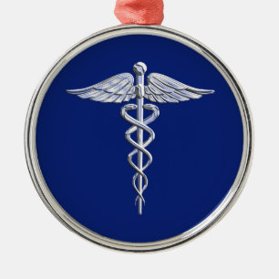 Chrome Style Caduceus Medical Symbool op Navy Blue Metalen Ornament