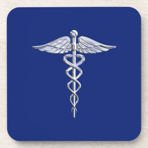 Chrome Style Caduceus Medical Symbool op Navy Blue Onderzetter