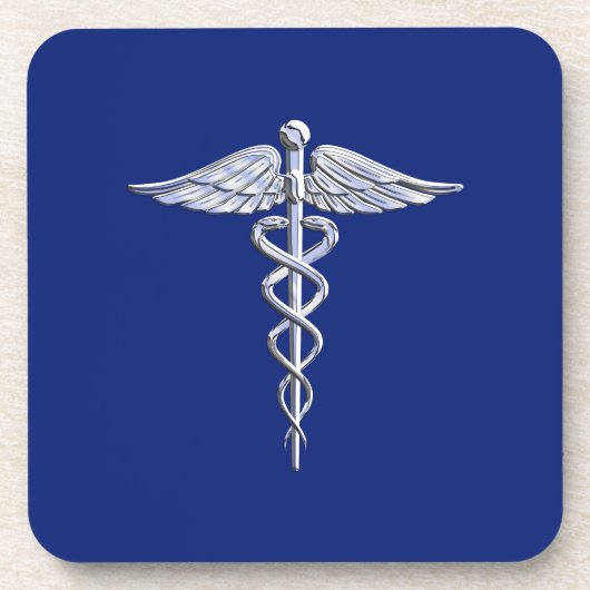 Chrome Style Caduceus Medical Symbool op Navy Blue Onderzetter (Voorkant)