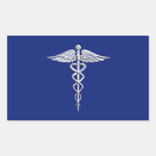 Chrome Style Caduceus Medical Symbool op Navy Blue Rechthoekige Sticker