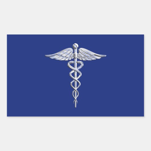 Chrome Style Caduceus Medical Symbool op Navy Blue Rechthoekige Sticker (Voorkant)