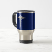Chrome Style Caduceus Medical Symbool op Navy Blue Reisbeker (Voorkant links)