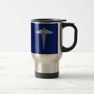 Chrome Style Caduceus Medical Symbool op Navy Blue Reisbeker