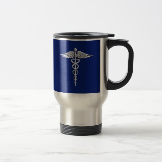 Chrome Style Caduceus Medical Symbool op Navy Blue Reisbeker (Rechts)