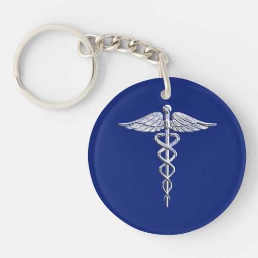 Chrome Style Caduceus Medical Symbool op Navy Blue Sleutelhanger (Voorkant)