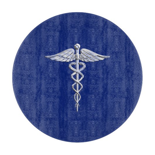 Chrome Style Caduceus Medical Symbool op Navy Blue Snijplank (Voorkant)
