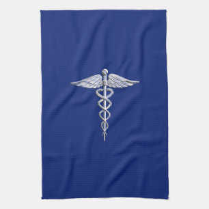 Chrome Style Caduceus Medical Symbool op Navy Blue Theedoek