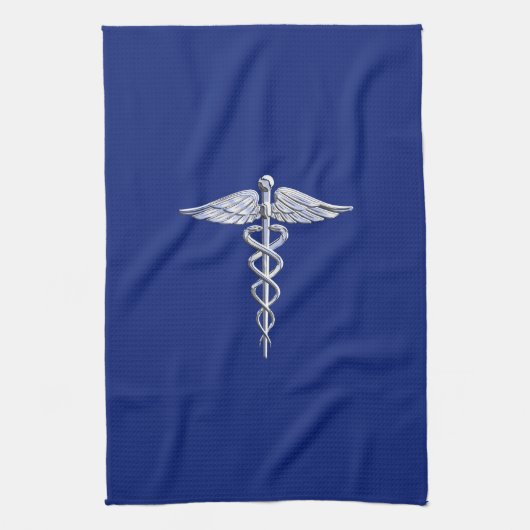 Chrome Style Caduceus Medical Symbool op Navy Blue Theedoek (Verticaal)