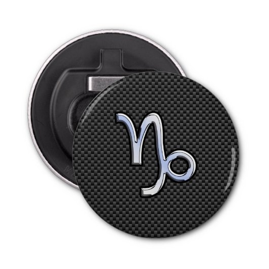 Chrome Style Capricorn Zodiae Sign on Carbon Fibre Button Flesopener (Voorkant)