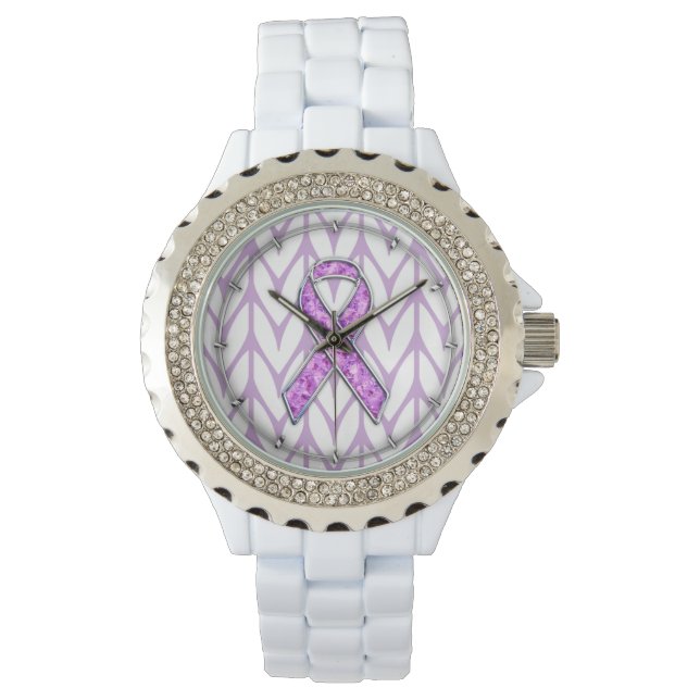 Chrome Style Crystal Pink Ribbon Awareness Knit Horloge (Voorkant)