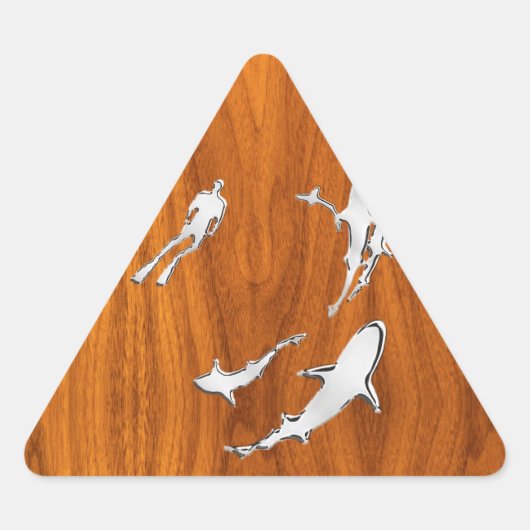 Chrome Style Diver met haaien op Teak Veneer Sticker (Voorkant)