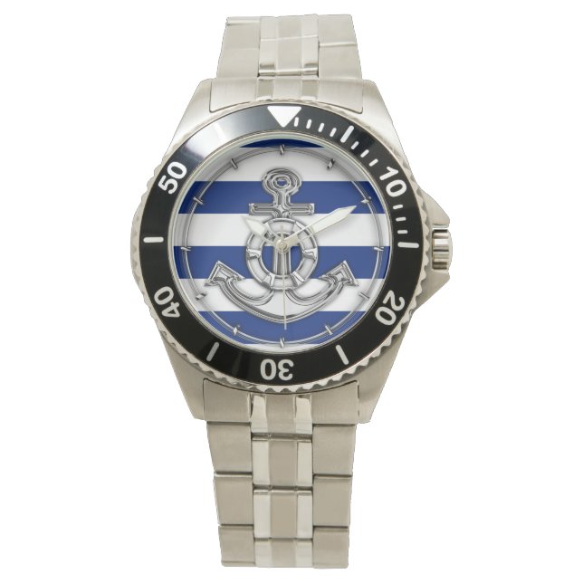 Chrome Style Lifesaver op Nautical Stripes Horloge (Voorkant)