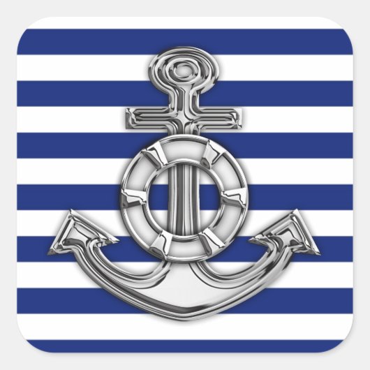 Chrome Style Lifesaver op Nautical Stripes Vierkante Sticker (Voorkant)