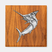 Chrome Style Marlin op Teak Wood Decor Magneet (Voorkant)