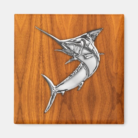 Chrome Style Marlin op Teak Wood Decor Magneet (Voorkant)