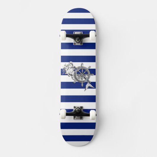 Chrome Style Mermaid op Nautical Stripes Skateboard (Voorkant)