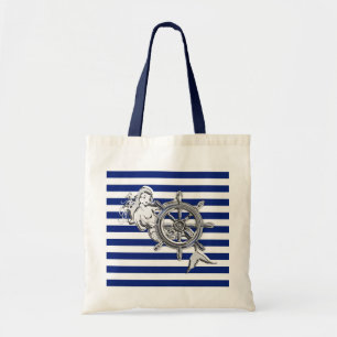Chrome Style Mermaid op Nautical Stripes Tote Bag