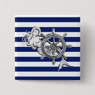 Chrome Style Mermaid op Nautical Stripes Vierkante Button 5,1 Cm