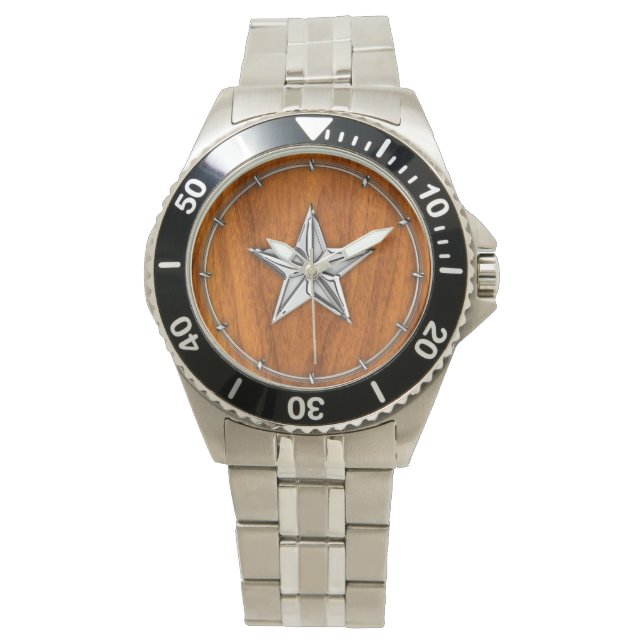 Chrome Style Nautical Star op Teak Veneer Horloge (Voorkant)