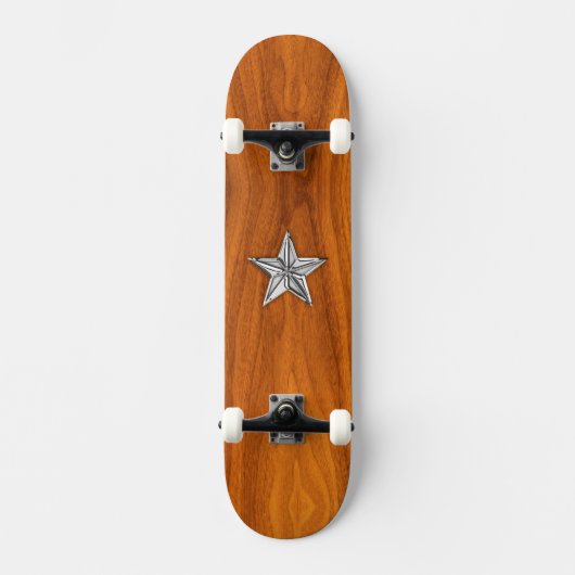 Chrome Style Nautical Star op Teak Veneer Skateboard (Voorkant)