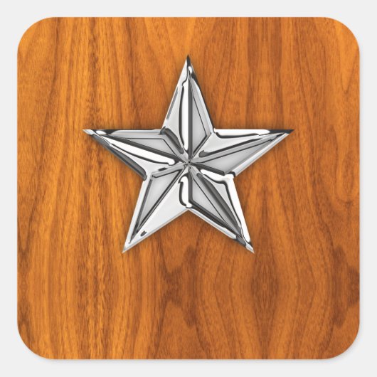 Chrome Style Nautical Star op Teak Veneer Vierkante Sticker (Voorkant)