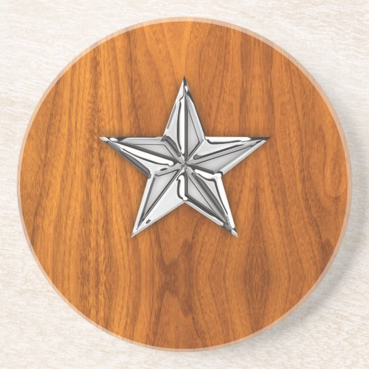 Chrome Style Nautical Star op Teak Veneer Zandsteen Onderzetter (Voorkant)