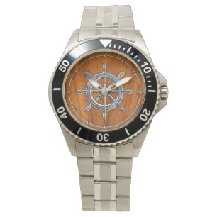 Chrome Style Nautical Wheel op Teak Veneer Horloge