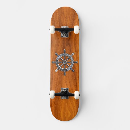 Chrome Style Nautical Wheel op Teak Veneer Persoonlijk Skateboard (Voorkant)
