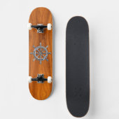 Chrome Style Nautical Wheel op Teak Veneer Persoonlijk Skateboard (Voorkant)