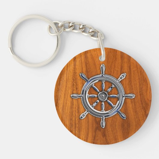 Chrome Style Nautical Wheel op Teak Veneer Sleutelhanger (Voorkant)
