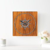 Chrome Style Nautical Wheel op Teak Veneer Vierkante Klok (Huis)