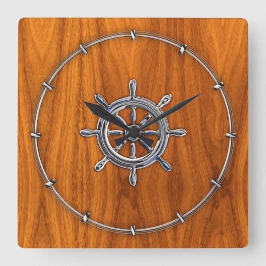 Chrome Style Nautical Wheel op Teak Veneer Vierkante Klok (Voorkant)