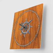 Chrome Style Nautical Wheel op Teak Veneer Vierkante Klok (Hoek)