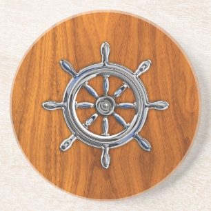 Chrome Style Nautical Wheel op Teak Veneer Zandsteen Onderzetter