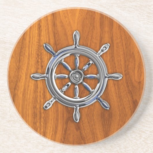 Chrome Style Nautical Wheel op Teak Veneer Zandsteen Onderzetter (Voorkant)