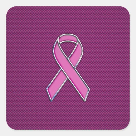 Chrome Style Pink Ribbon Awareness Carbon Fibre Vierkante Sticker (Voorkant)
