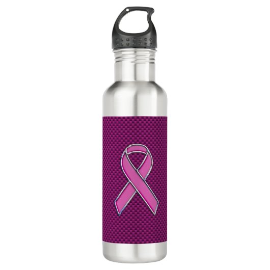 Chrome Style Pink Ribbon Awareness Carbon Fibre Waterfles (Voorkant)