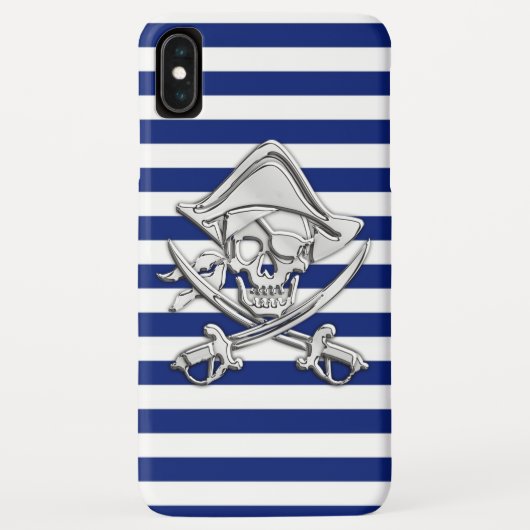 Chrome Style Pirate on Nautical Stripes Case-Mate iPhone Case (Achterkant)