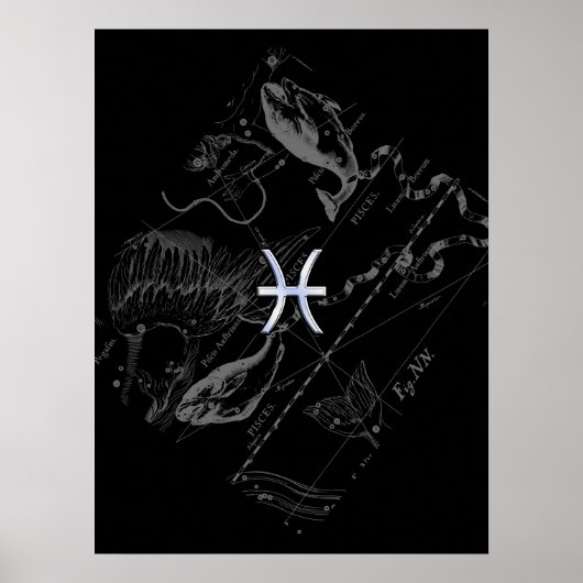 Chrome Style Pisces Zodiac Sign on Hevelius Poster (Voorkant)