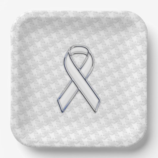 Chrome Style White Ribbon Awareness Houndstooth Papieren Bordje (Voorkant)