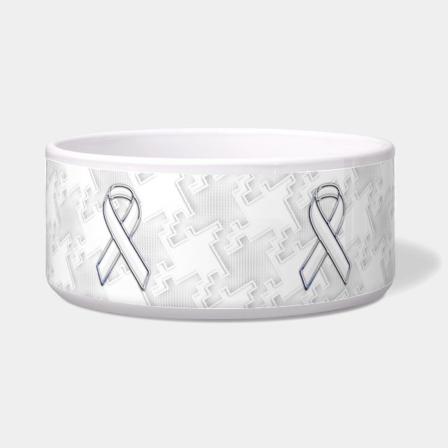 Chrome Style White Ribbon Awareness Houndstooth Voerbakje (Voorkant)