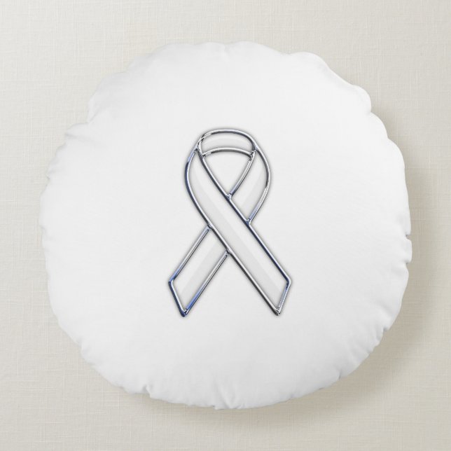 Chrome Style White Ribbon Awareness Rond Kussen (Voorkant)